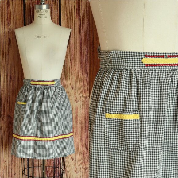 Vintage 1960s Half Apron with Pocket, Black and White Gingham with Ric Rac Trim - Picture 1 of 10
